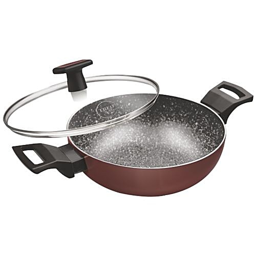 Treo Aluminium Kadai - 3 Layer, Induction Base, Non Stick Coated, 24 cm, 3 mm, with Lid, Backlite Handle, La Culinaire Granito, 1 pc  