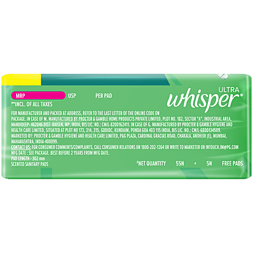 Whisper Ultra Clean Sanitary Pads, XL+, 60 pcs (40+20 Pads Free) Dual Action Gel, Dri Weave Cover