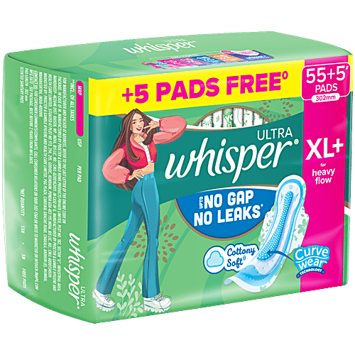 Whisper Ultra Clean Sanitary Pads, XL+, 60 pcs (40+20 Pads Free) Dual Action Gel, Dri Weave Cover