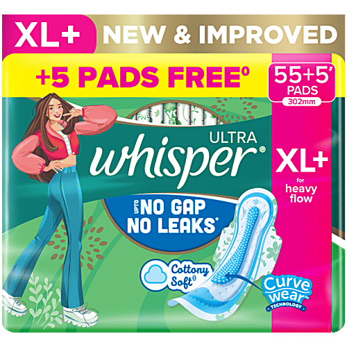 Whisper Ultra Clean Sanitary Pads, XL+, 60 pcs (40+20 Pads Free) Dual Action Gel, Dri Weave Cover