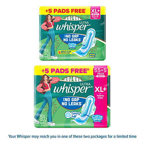 Whisper Ultra Clean Sanitary Pads, XL+, 60 pcs (40+20 Pads Free) Dual Action Gel, Dri Weave Cover