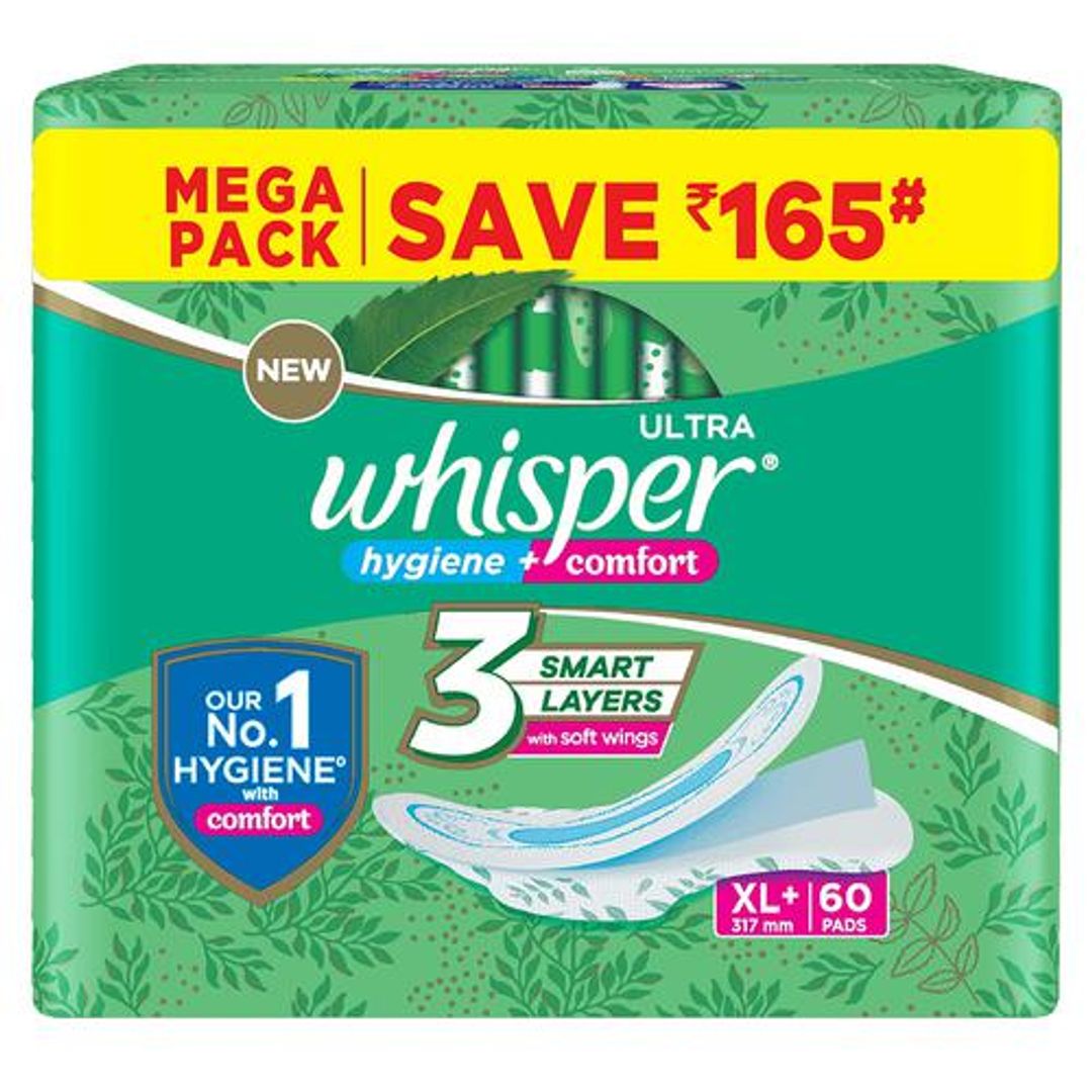 Whisper  Ultra Clean Sanitary Pads, XL+, 60 pcs (40+20 Pads Free)