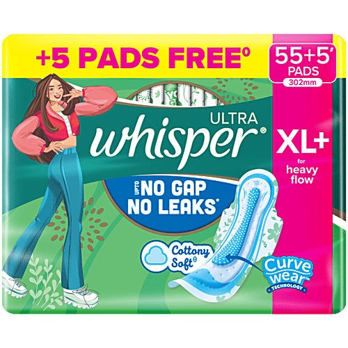 Whisper Ultra Clean Sanitary Pads, XL+, 60 pcs (40+20 Pads Free) Dual Action Gel, Dri Weave Cover