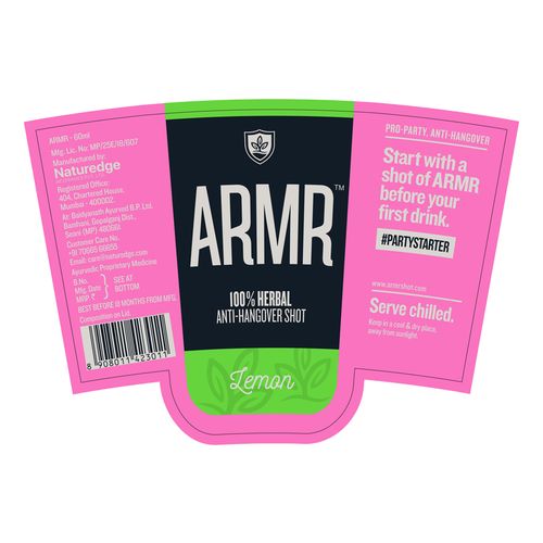 ARMR 100% Anti Hangover Drink - Lemon, 60 ml Glass (Polycarb) Party Starter & Zero Sugar