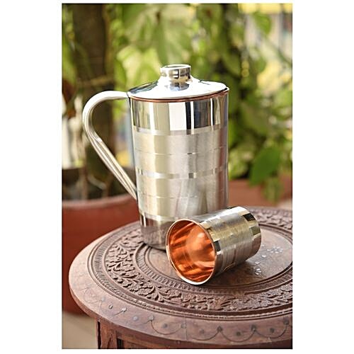 Frestol Copper Steel Water Jug With Water Glass, 2 pcs Odour Free & Non-Toxic