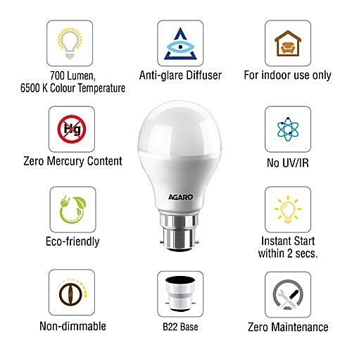 Agaro LED Bulb - 9 Watt, Cool Daylight, B22 Base, 1 pc  85% Energy Savings