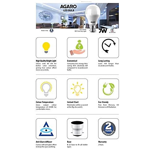 Agaro LED Bulb - 9 Watt, Cool Daylight, B22 Base, 1 pc  85% Energy Savings