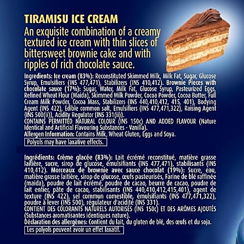 London Dairy Premium Ice Cream - Tiramisu, 1 L  Creamy Texture
 Bittersweet Brownie Cake
 Rich Chocolate Sauce