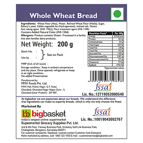 Fresho Whole Wheat Bread - Chemical-Free, 200 g  