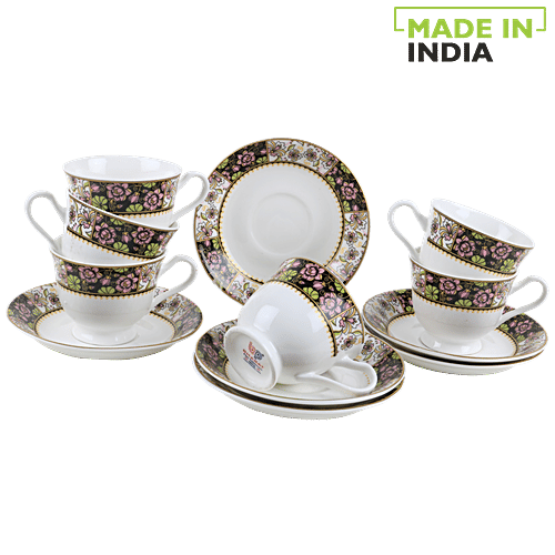 Buy BP Bharat Chai/Tea Cup Bonechina & Saucer White With Black Base & Pink Floral Print Border