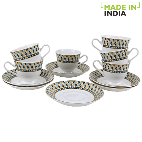 Buy BP Bharat Chai/Tea Cup Bonechina & Saucer White With Dark Blue