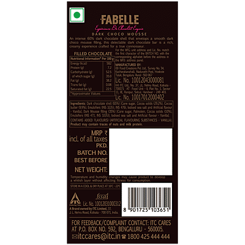 Fabelle Exquisite Chocolates - Intense Dark Dessert Inspired Chocolate Bar, 130 g Luxury Dark Chocolate Centre-Filled Bar Filled With Dark Choco Mousse