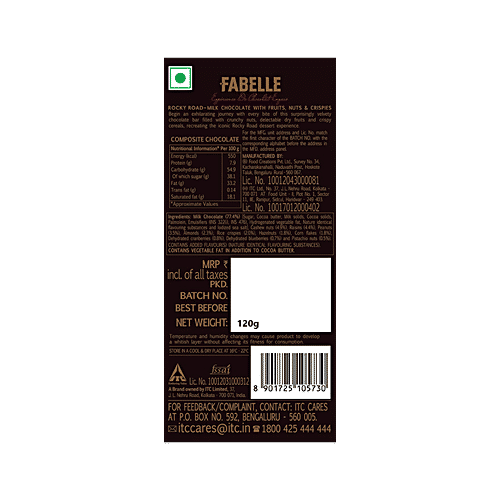 Fabelle Exquisite Chocolates - Rocky Road Milk Chocolate With Fruits, Nuts & Crispies, 120 g  