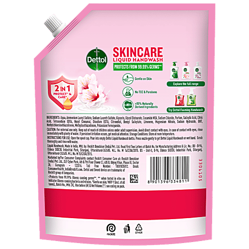 Dettol Skincare Liquid Handwash Refill, 1350 ml Pouch Moisturising Hand Wash Antibacterial Formula, 10x Better Germ Protection