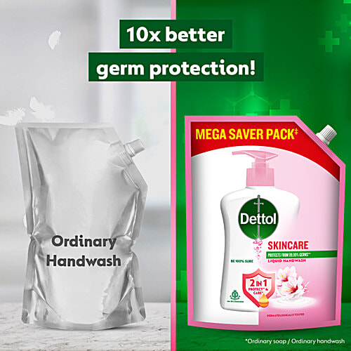 Dettol Skincare Liquid Handwash Refill, 1350 ml Pouch Moisturising Hand Wash Antibacterial Formula, 10x Better Germ Protection
