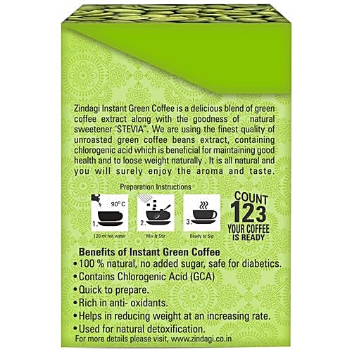 Zindagi Instant Green Coffee With Lemon Extracts & Stevia, 20 Sachets Fortified with Antioxidant GCA