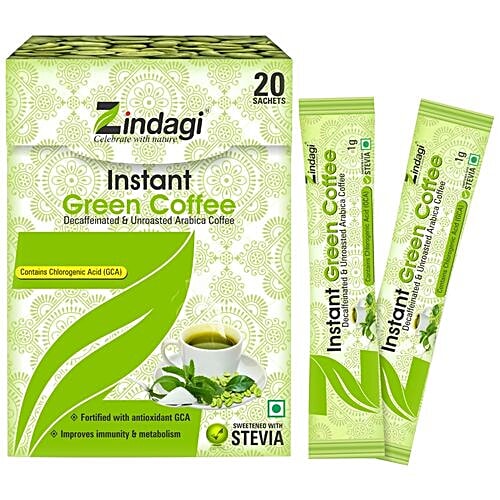 Zindagi Instant Green Coffee With Lemon Extracts & Stevia, 20 Sachets Fortified with Antioxidant GCA