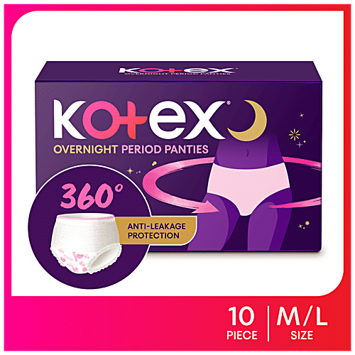 Kotex Overnight Period Panties - 360 Degree Anti-Leakage Protection, M/L, 10 pcs