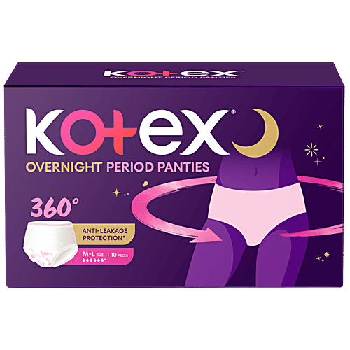 Kotex Overnight Period Panties - 360 Degree Anti-Leakage Protection, M/L, 10 pcs
