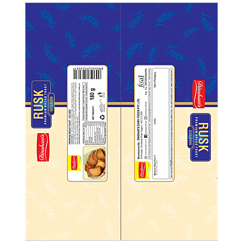 Dinshaws Rusk Premium Bread Toast - Golden, Sweet, Crunchy, No Preservatives, 180 g Pouch
