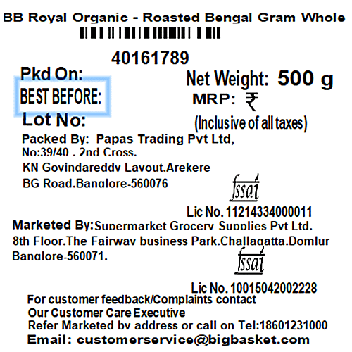bb Royal Organic Roasted Bengal Gram Whole (Chana), 500 g  