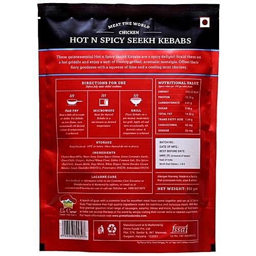 La Carne Chicken Hot & Spicy Seekh Kebab, 500 g PKT 