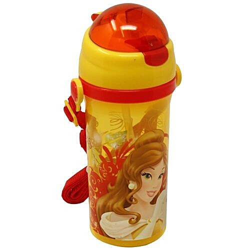Hm International Disney Belle Princess Sipper Plastic Kids Water Bottle With Neck Strap, 350 ml  