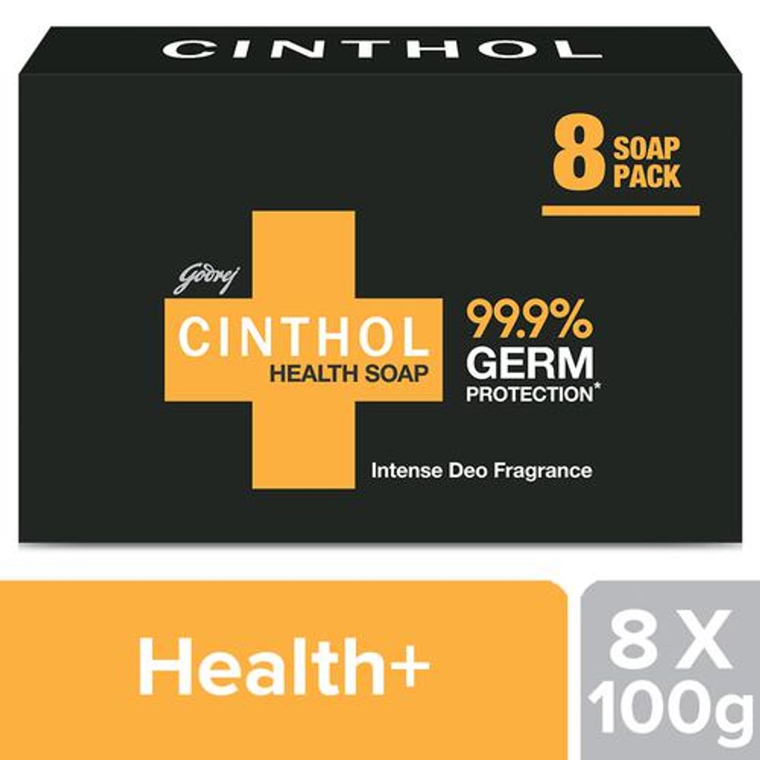 Cinthol Health Intense Deo Fragrance Bath Soap, 99.9% Germ Protection, 100 g (Pack of 8)