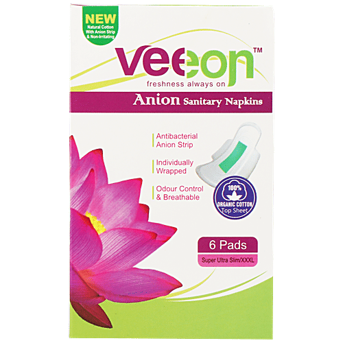 VEEON Anion Sanitary Napkins - Ultra Slim XXXL, 6 pcs  Antibacterial Anion Strip, Odour Control