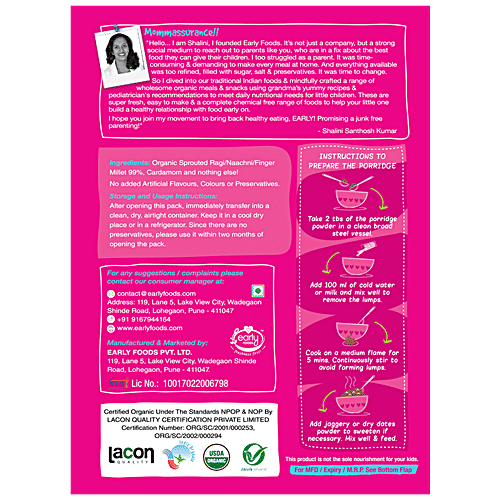 Early Foods Organic Sprouted Ragi Porridge Mix - Plain, Vegan, Gluten Free, No Preservatives, 200 g  No Preservatives, No Artificial Flavours