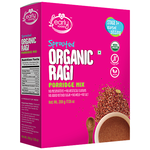 Early Foods Organic Sprouted Ragi Porridge Mix - Plain, Vegan, Gluten Free, No Preservatives, 200 g  No Preservatives, No Artificial Flavours