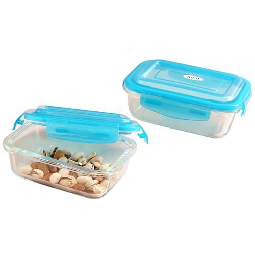 Iveo  Borosilicate Glass Air Tight Food Container - With Blue Lid, 2 pcs  Dishwasher Safe