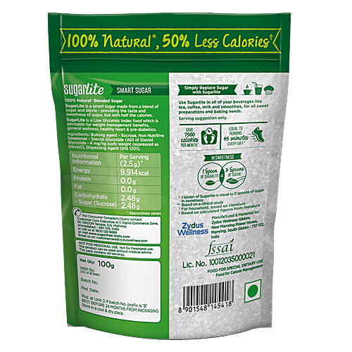 Sugarlite 50% Less Calories Sugar, 100 g Pouch 5No Less Calories, Natural