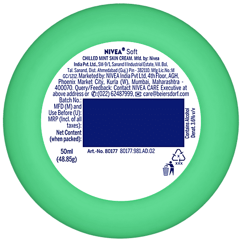 Nivea Light Moisturiser - Soft Chilled Mint, With Vitamin E & Jojoba Oil, For Face, Hand & Body, Instant Hydration, Non-greasy Cream, 50 ml