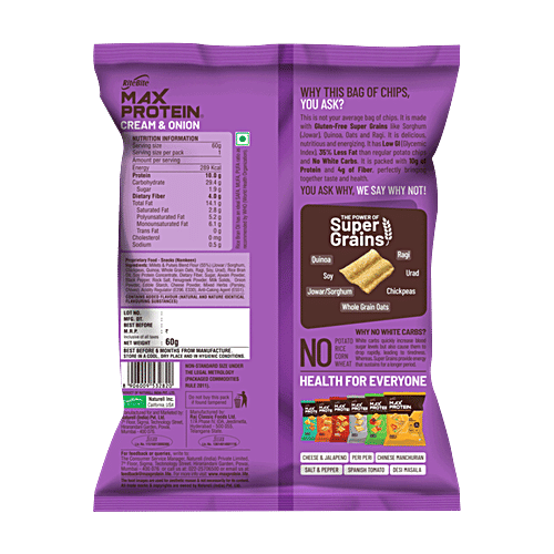 RiteBite Max Protein Cream & Onion 10g Protein Chips, 60 g