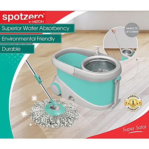 Milton - Spotzero Spin Mop - Plastic Bucket & Steel Wringer, With Rod, Refill Included, Aqua Green, 9 L