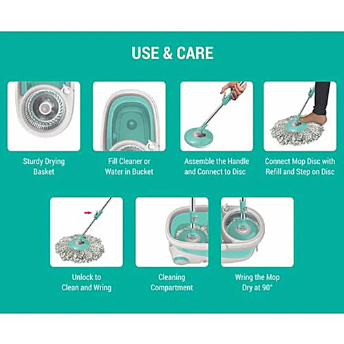 Milton - Spotzero Spin Mop - Plastic Bucket & Steel Wringer, With Rod, Refill Included, Aqua Green, 9 L