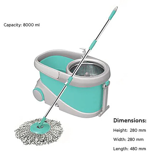 Milton - Spotzero Spin Mop - Plastic Bucket & Steel Wringer, With Rod, Refill Included, Aqua Green, 9 L