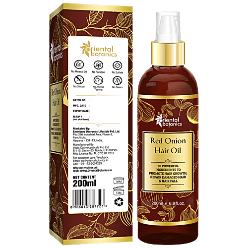 Oriental Botanics Red Onion Hair Oil - For Dull, Dry And Unruly Hair, To Promote Hair Growth, Paraben, Silicone Free, 200 ml  Paraben, Silicone Free