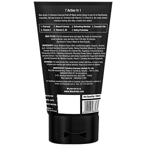Man Arden 7X Activated Charcoal Peel Off Mask - Infused With Vitamin C & Menthol, 100 ml  Contains No Harmful Chemicals