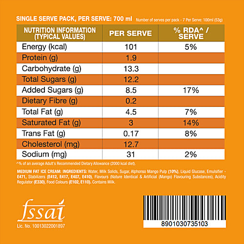 Kwality Wall's The Dairy Factory Alphonso Mango Ice Cream, 700 ml Tub 