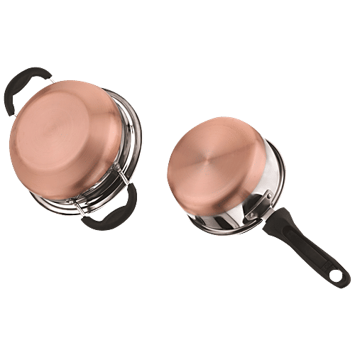 Kitchen Essentials Duo Cookware Set - Silver, Handi with Glass Lid 16 cm + Sauce Pan 14 cm, Stainless Steel with Copper Bottom, 3 pcs