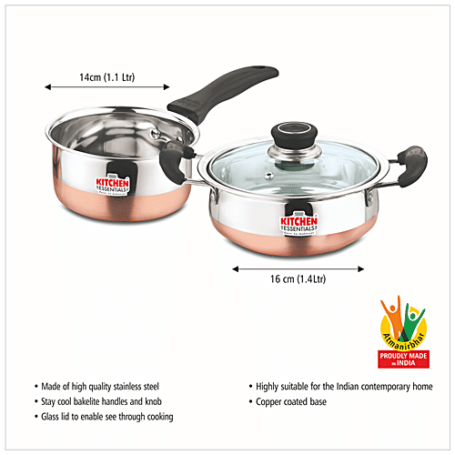 Kitchen Essentials Duo Cookware Set - Silver, Handi with Glass Lid 16 cm + Sauce Pan 14 cm, Stainless Steel with Copper Bottom, 3 pcs