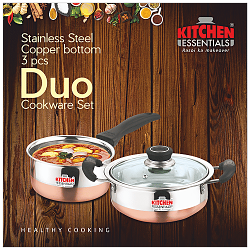 Kitchen Essentials Duo Cookware Set - Silver, Handi with Glass Lid 16 cm + Sauce Pan 14 cm, Stainless Steel with Copper Bottom, 3 pcs