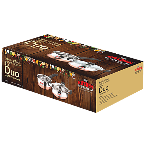 Kitchen Essentials Duo Cookware Set - Silver, Handi with Glass Lid 16 cm + Sauce Pan 14 cm, Stainless Steel with Copper Bottom, 3 pcs