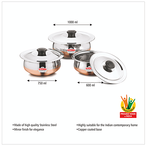 Buy Kitchen Essentials Handi Set Silver, 3 Handis with 3 SS Lids 0.6