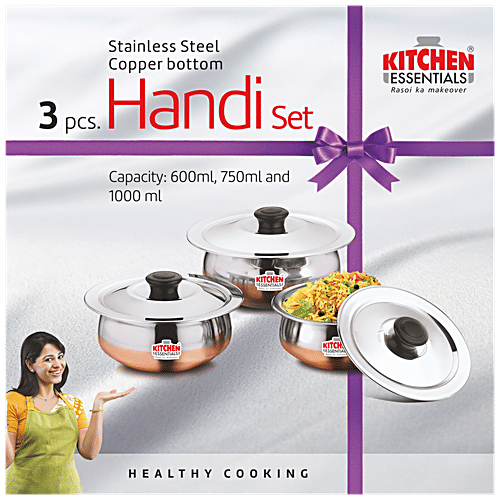 Buy Kitchen Essentials Handi Set Silver, 3 Handis with 3 SS Lids 0.6