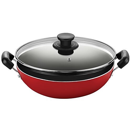 Buy Pigeon NonStick Aluminium Kadai With Glass Lid 240 mm, Mio, Red
