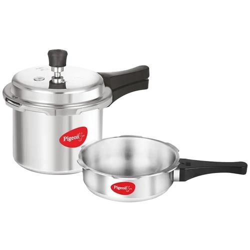 Pigeon by Stovekraft Aluminium Common Outer Lid Pressure Cooker Combo - Induction Base, With Handle, Silver, 12610, 2 pcs (3 L + 2 L) 