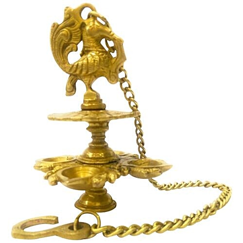 Sri Lalit Arts Brass Hanging Deepam/Diya Peacock 4-In-1 With Long Chain, 1 pc  